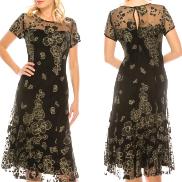 Women's Sequin Fit and Flare A-Line Midi Dress Glitter Black Gold Size 10 - Picture 7 of 7